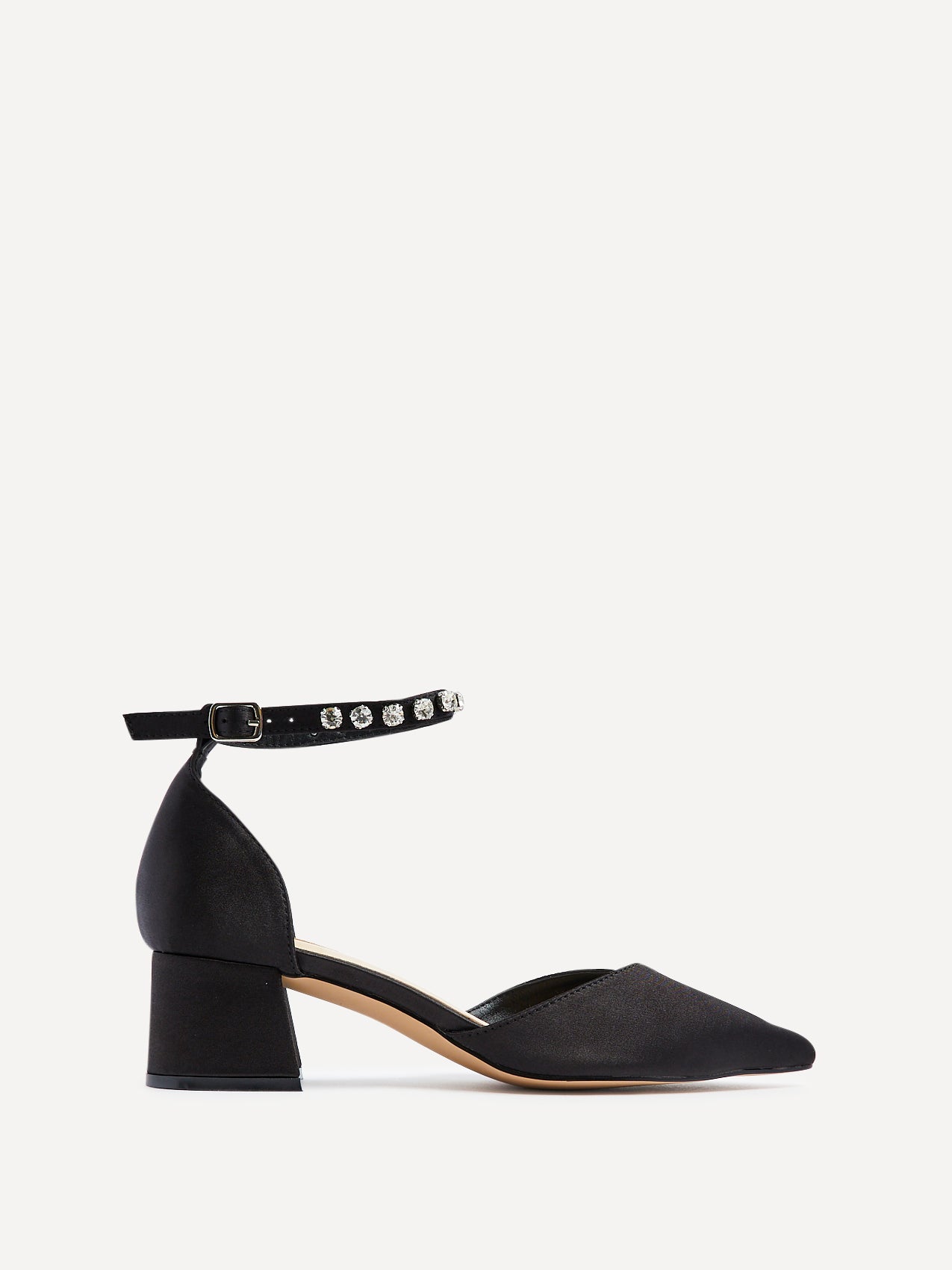 Black Satin Low Block Court Heel With Diamante Ankle Strap – Linzi