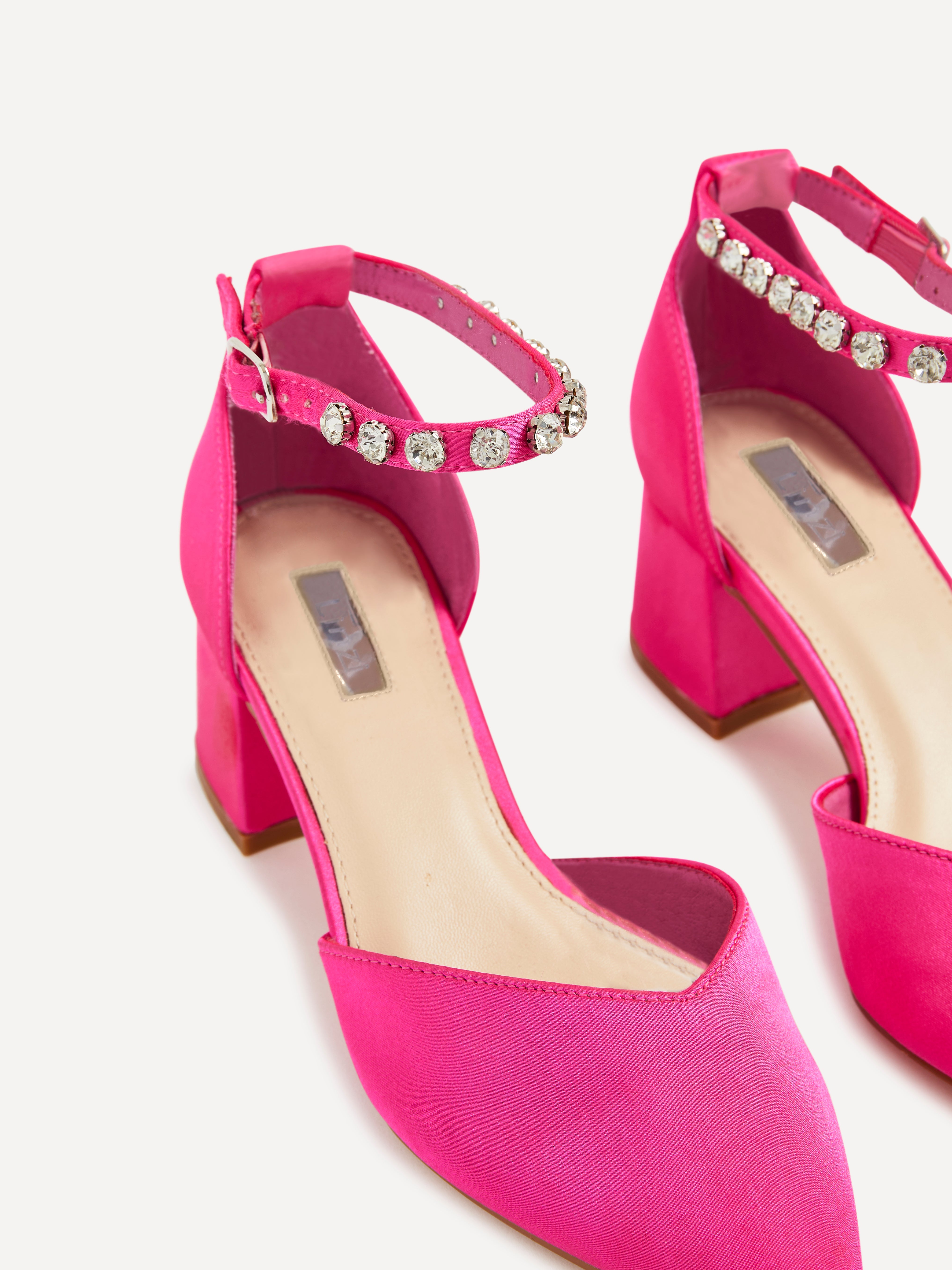 Pink Satin Low Block Court Heel With Diamante Ankle Strap – Linzi Pink Satin Low Block Court Heel With Diamante Ankle Strap – Linzi