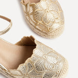 Florentina Gold Floral Embroidered Wedges