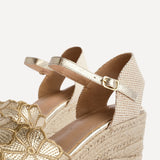 Florentina Gold Floral Embroidered Wedges
