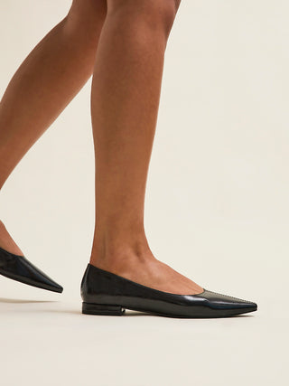 Focus Black Faux Leather Pointed Toe Ballet Flats