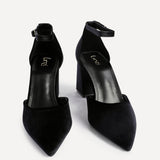 Glam Black Velvet Block Court Heels