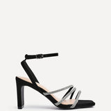 Glimmer Black Faux Suede Diamante Block Heels
