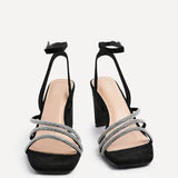 Glimmer Black Faux Suede Diamante Block Heels