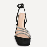 Glimmer Black Faux Suede Diamante Block Heels