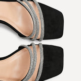 Glimmer Black Faux Suede Diamante Block Heels