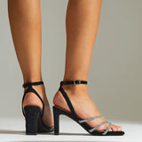 Glimmer Black Faux Suede Diamante Block Heels