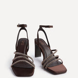Glimmer Brown Satin Diamante Block Heels