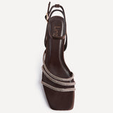 Glimmer Brown Satin Diamante Block Heels