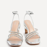 Glimmer Silver Faux Leather Diamante Block Heels