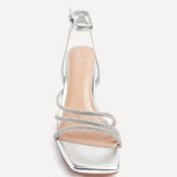 Glimmer Silver Faux Leather Diamante Block Heels