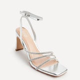 Glimmer Silver Faux Leather Diamante Block Heels