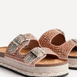 Glitzy Rose Gold Diamante Flatform Slider Sandals