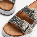 Glitzy Silver Diamante Flatform Slider Sandals