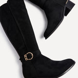 Gwen Black Suede Long Buckle Detail Boots