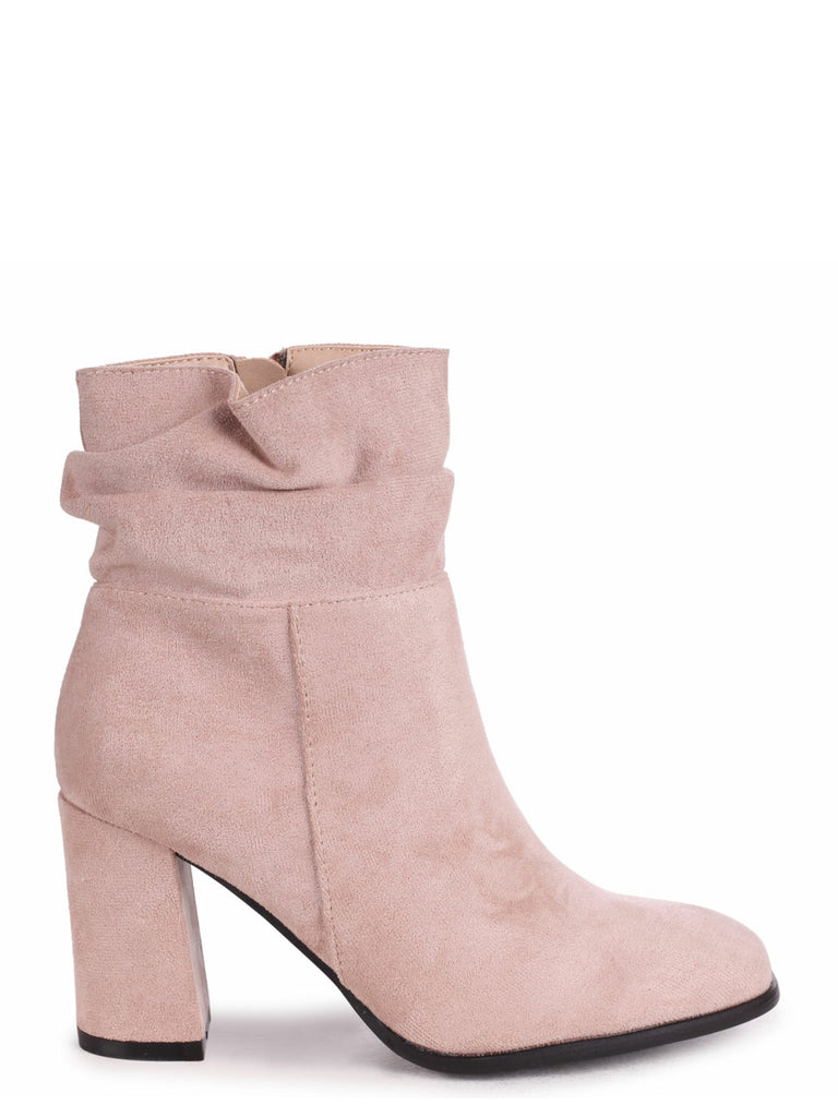 Beige Faux Suede Ruched Square Toe Block Heeled Ankle Boot – Linzi