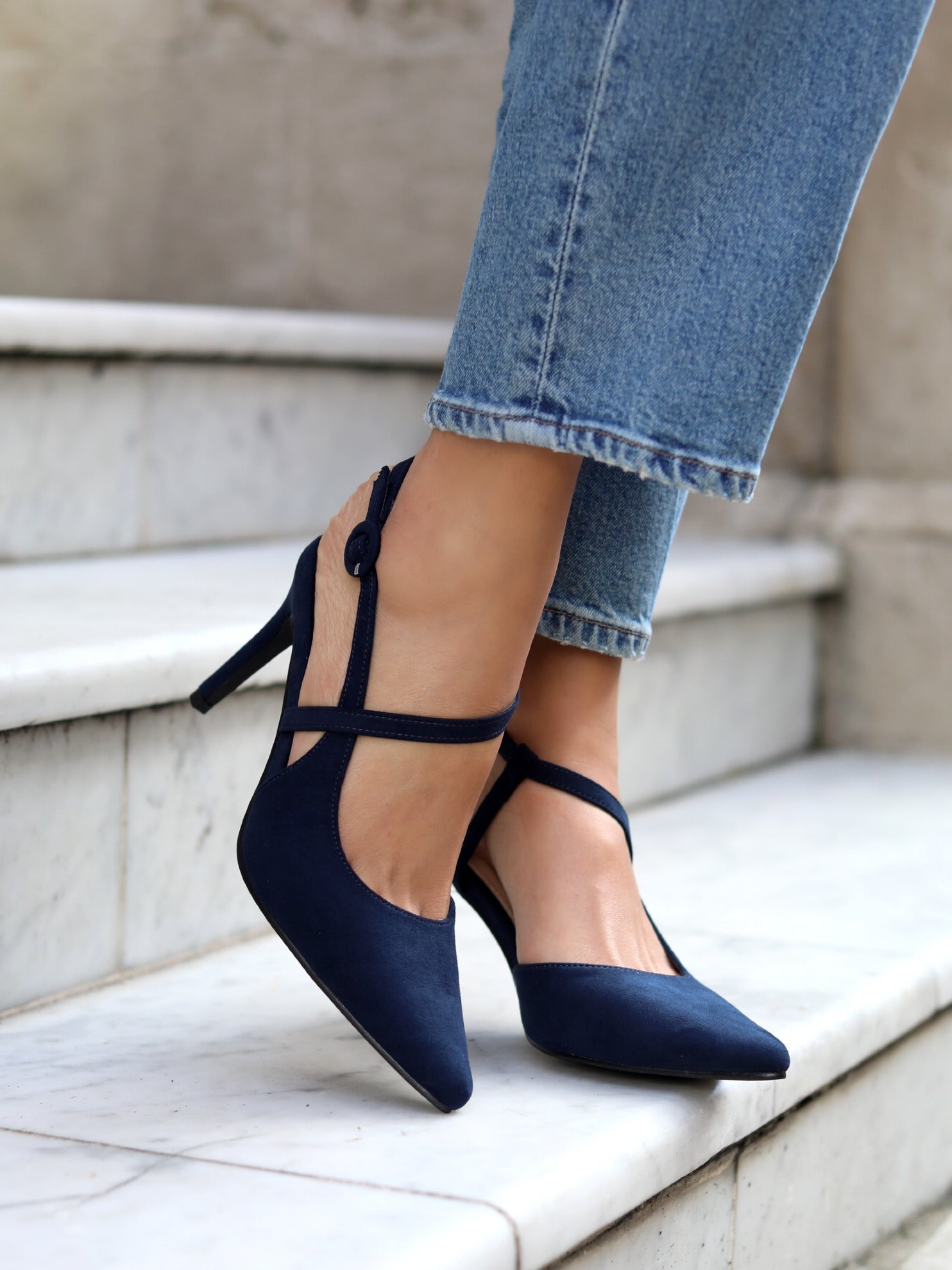 Navy court shoes with ankle strap Clearance