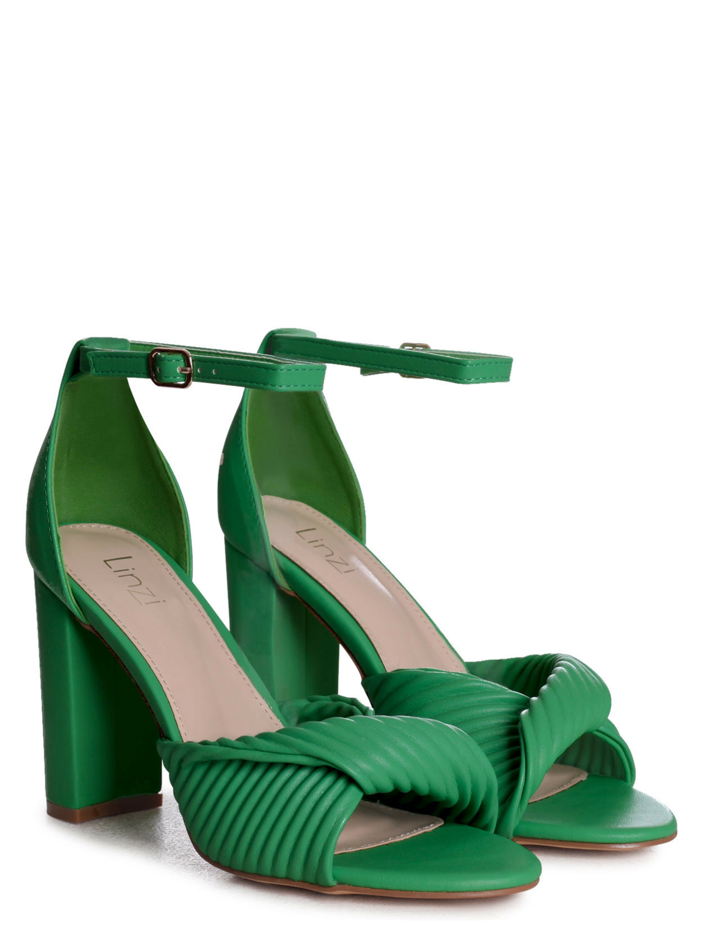Green Faux Leather Block Heeled Sandal With Twisted Front Strap – Linzi