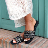Lola Black Faux Leather Frayed Detail Sandals