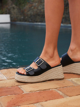 Impact Black Espadrille Wedge Mules