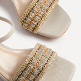 Indie Ivory Raffia Diamante Block Heeled Sandals