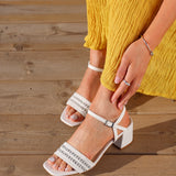 Indie White Raffia Diamante Block Heeled Sandals