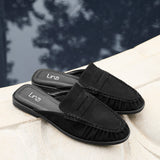 Intro Black Suede Leather Slip On Mules