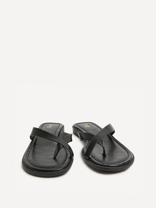 Kimmi Black Faux Leather Flat Sandals