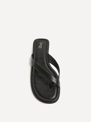 Kimmi Black Faux Leather Flat Sandals