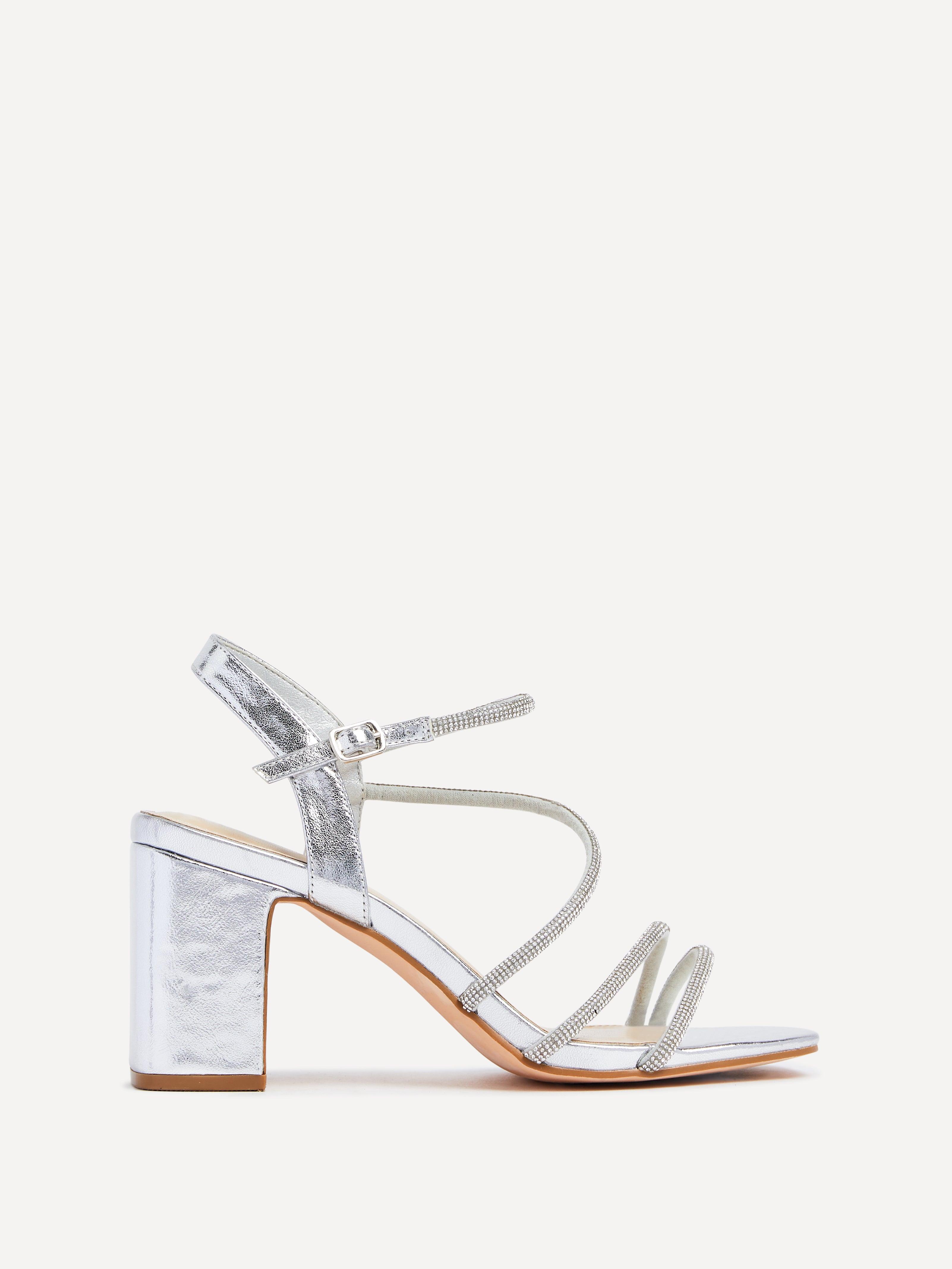 Silver Faux Leather Strappy Diamante Block Heel – Linzi