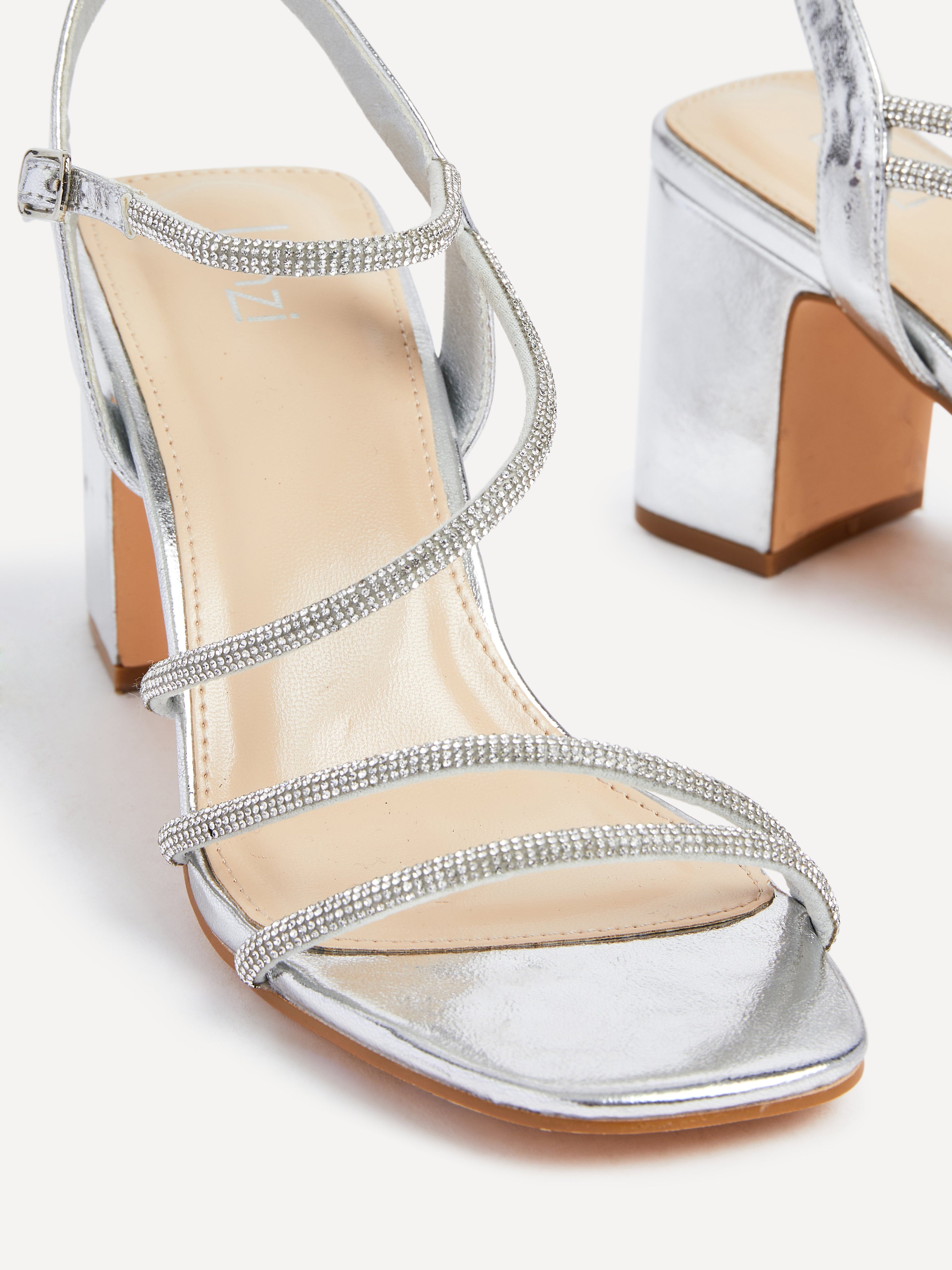Silver Faux Leather Strappy Diamante Block Heel β Linzi