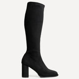 Kylie Black Stretch Long Block Heeled Boots
