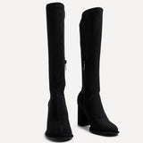 Kylie Black Stretch Long Block Heeled Boots