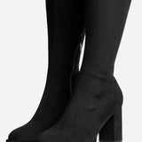 Kylie Black Stretch Long Block Heeled Boots