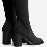 Kylie Black Stretch Long Block Heeled Boots
