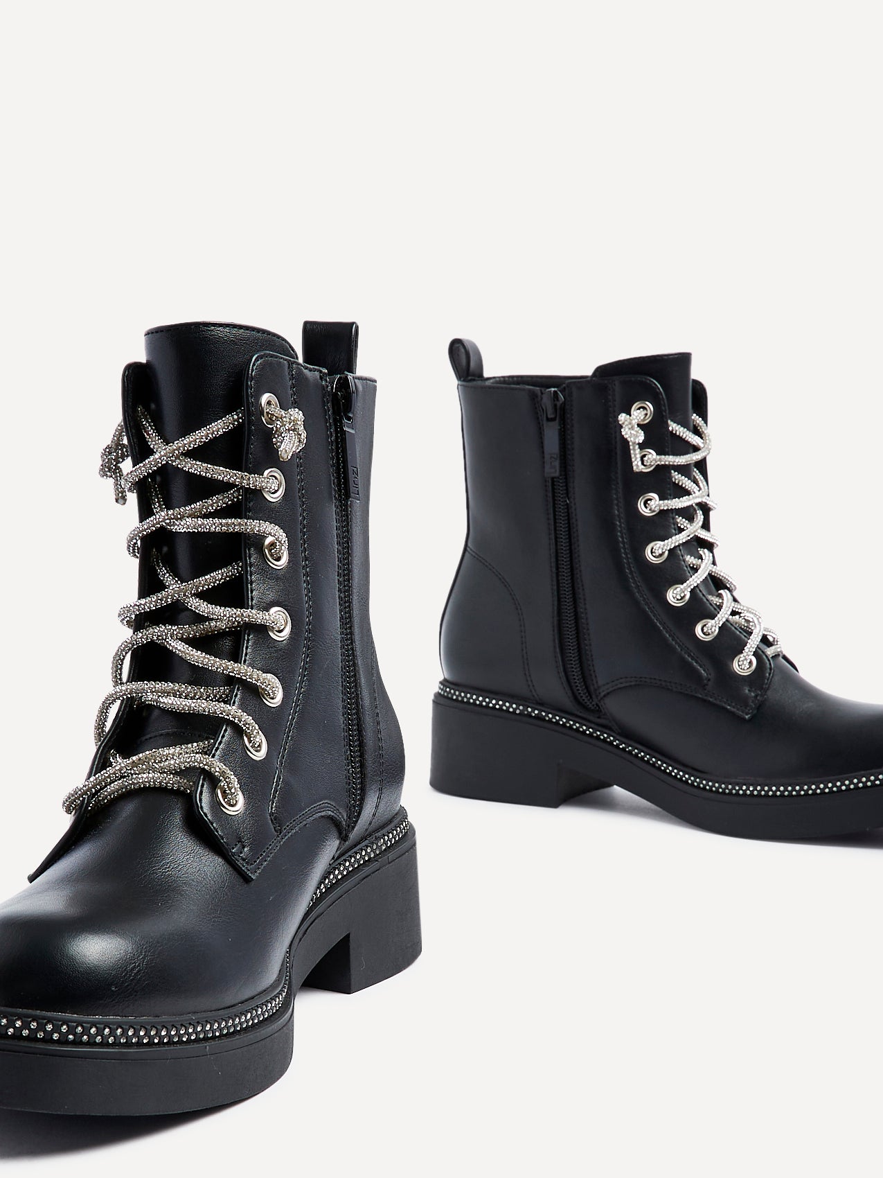 Motorcycle Boots Biker Boots With Diamante Black Faux Leather