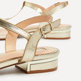 Lavish Gold T-Bar Low Block Heeled Sandals