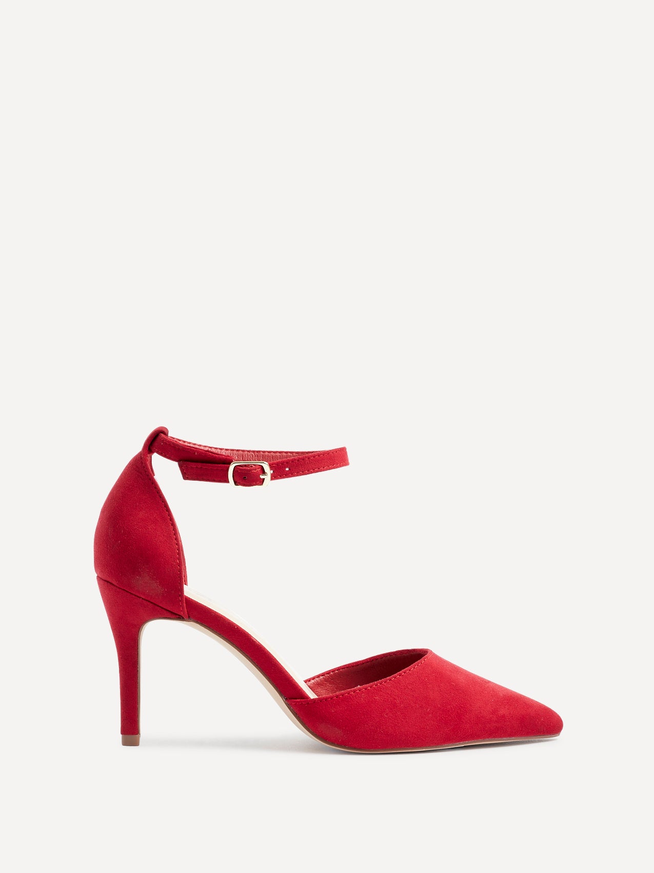 Wide Fit Red Faux Suede Stiletto Court Heel With Ankle Strap – Linzi