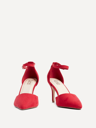 Wide Fit Red Faux Suede Stiletto Court Heel With Ankle Strap – Linzi