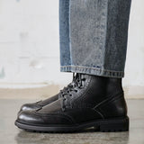 Leonardo Mens Black Faux Leather Brogue Boots
