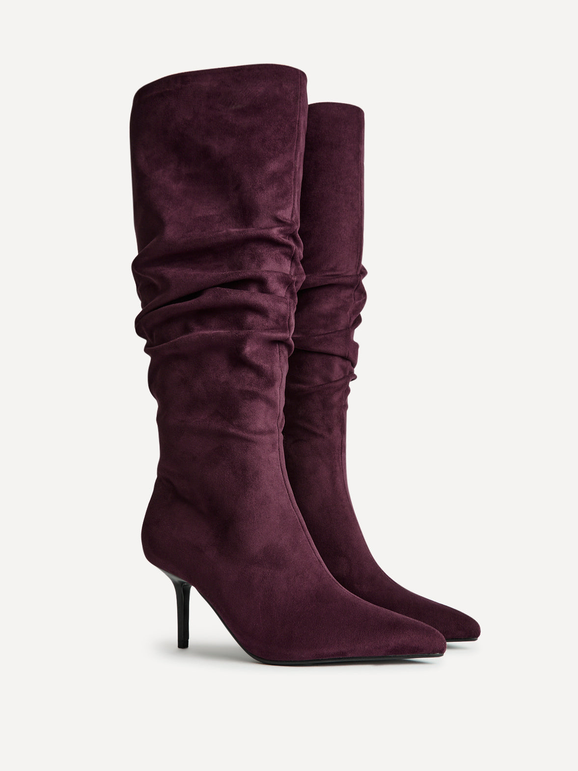Pair of Levitate burgundy ruched boots, three-quarter view