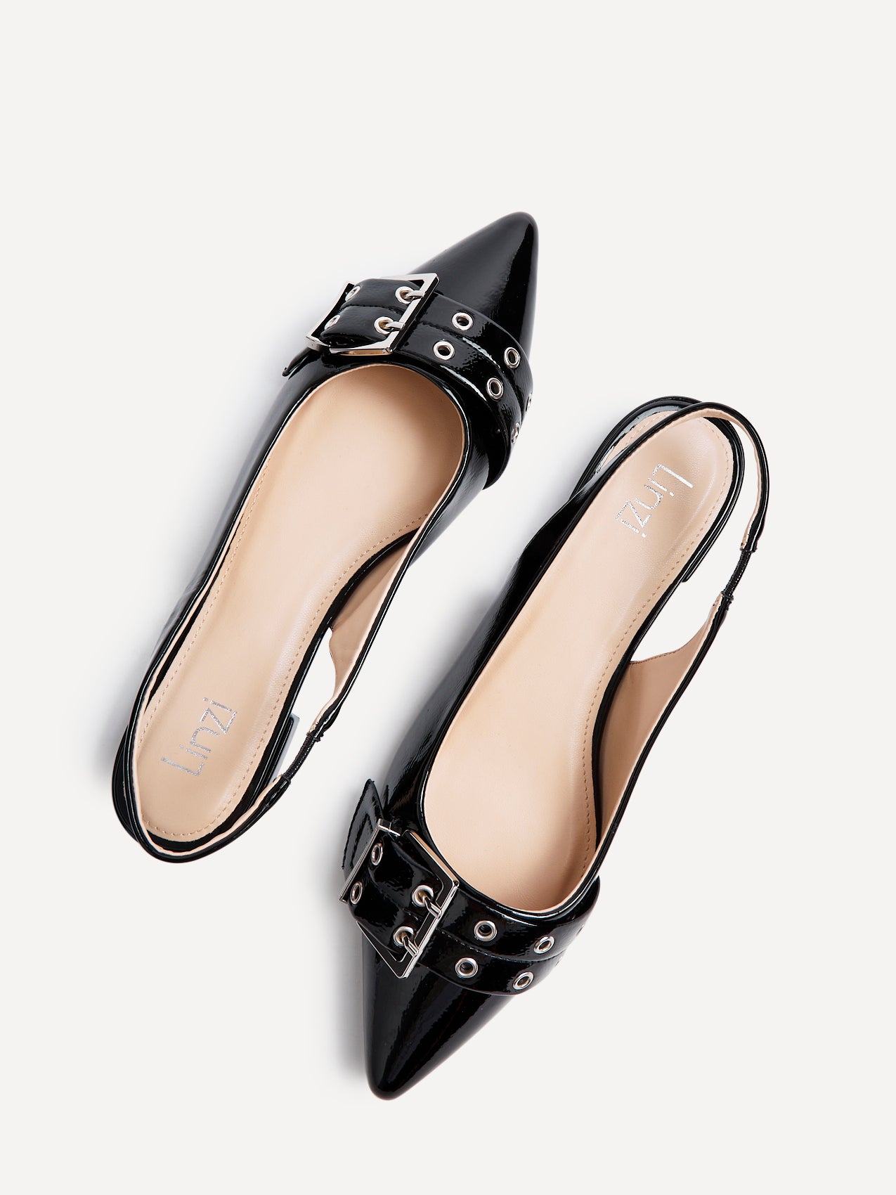 Black Patent Pointed Flat Shoes With Buckle Detail – Linzi