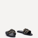 Lola Black Faux Leather Frayed Detail Sandals