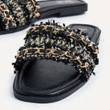 Lola Black Faux Leather Frayed Detail Sandals