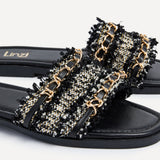 Lola Black Faux Leather Frayed Detail Sandals