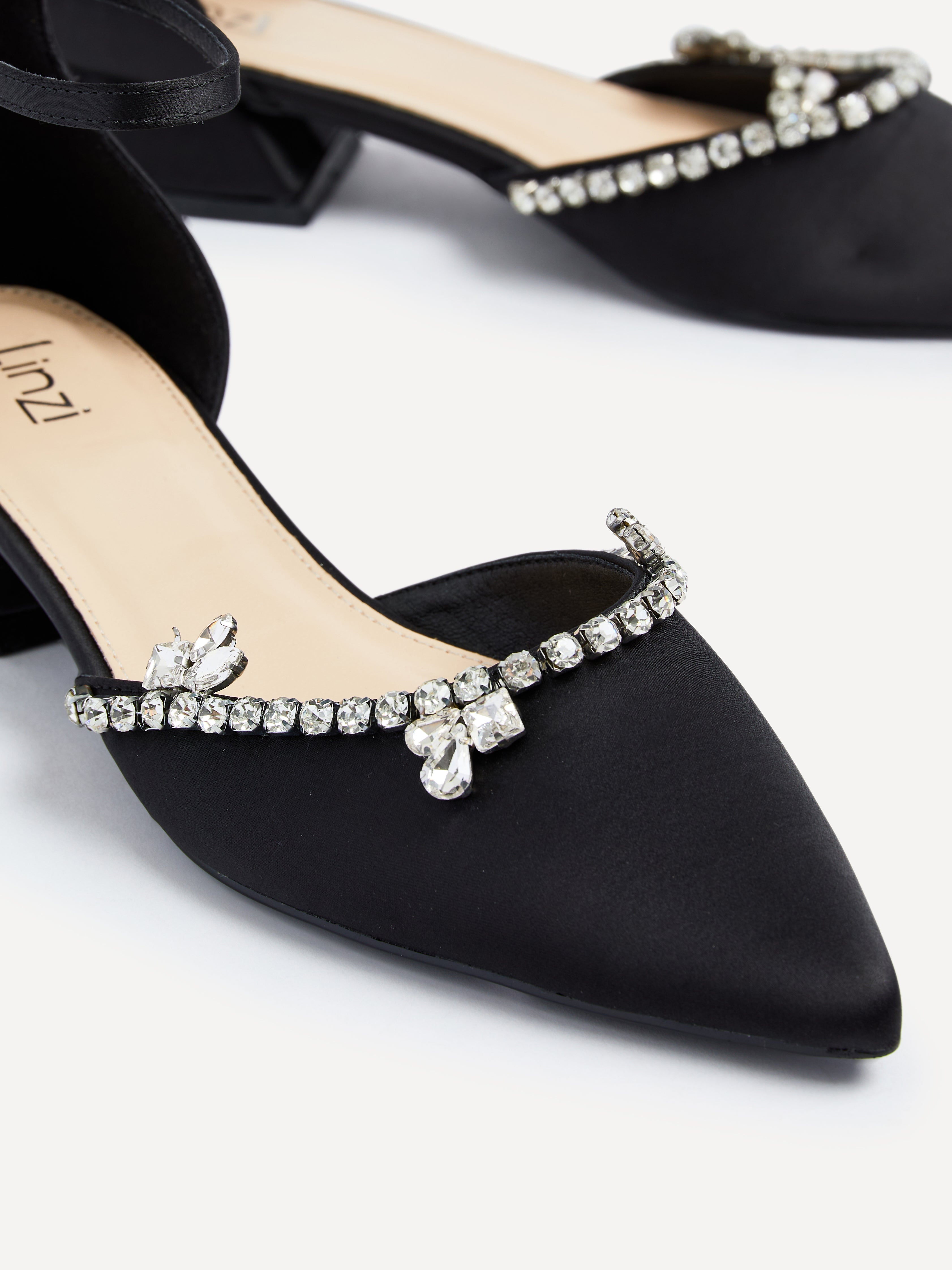Black Satin Court Style Low Block Heel With Diamante Trim – Linzi