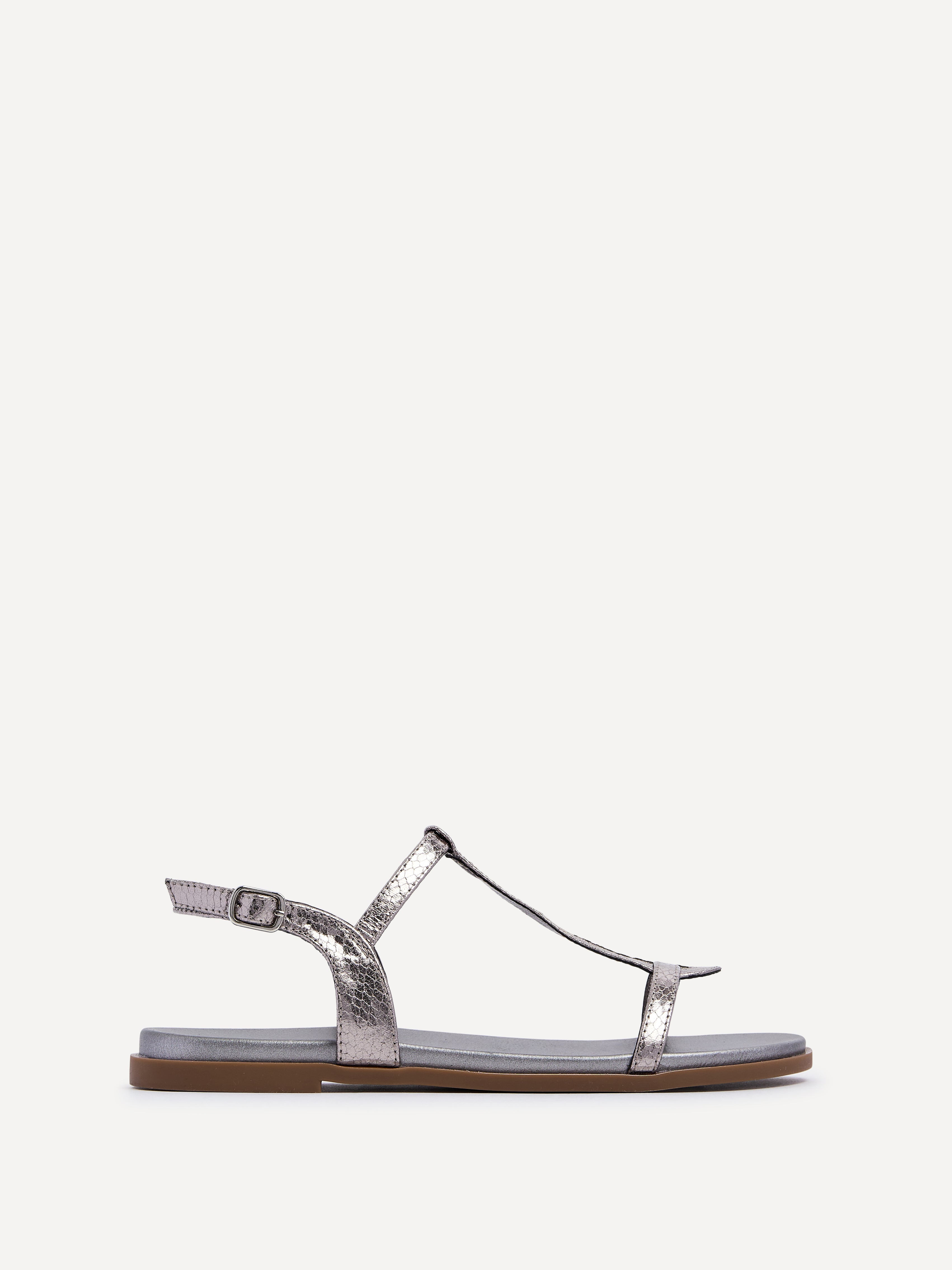 Pewter Lizard Flat Sandal With T-Bar Detail – Linzi