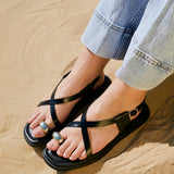 Salma Black & Gold Flat Sandals