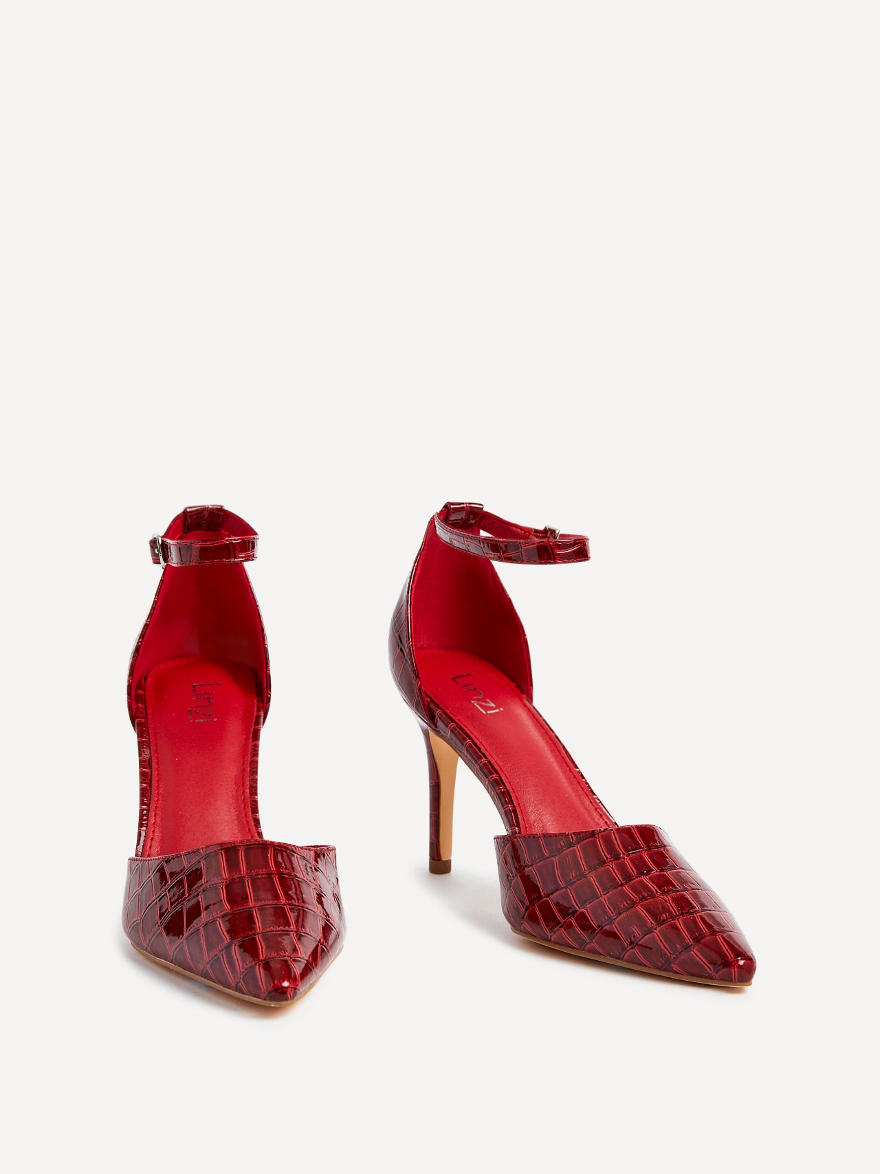 Burgundy Faux Croc Patent Stiletto Court Heel With Ankle Strap – Linzi