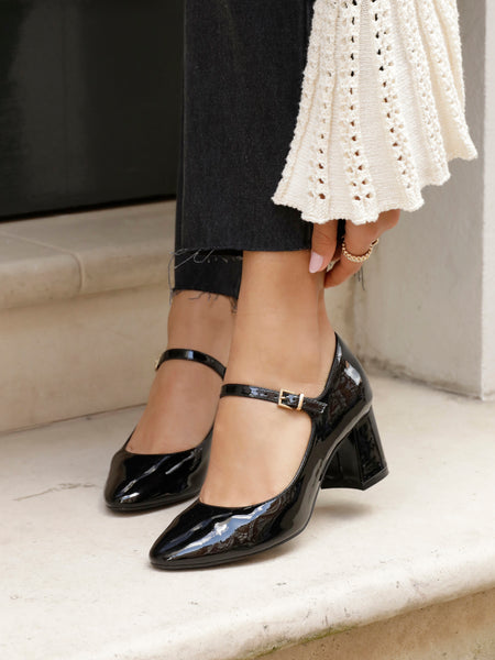 Pointed Toe Black Patent Court Shoes Block Heel NOVO Black Patent